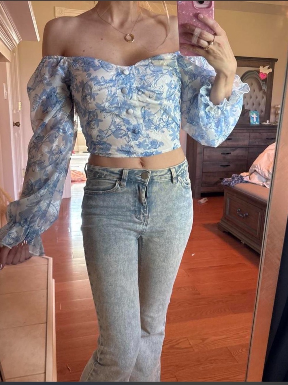 Source Unknown Light Blue Floral Off-Shoulder Crop Top